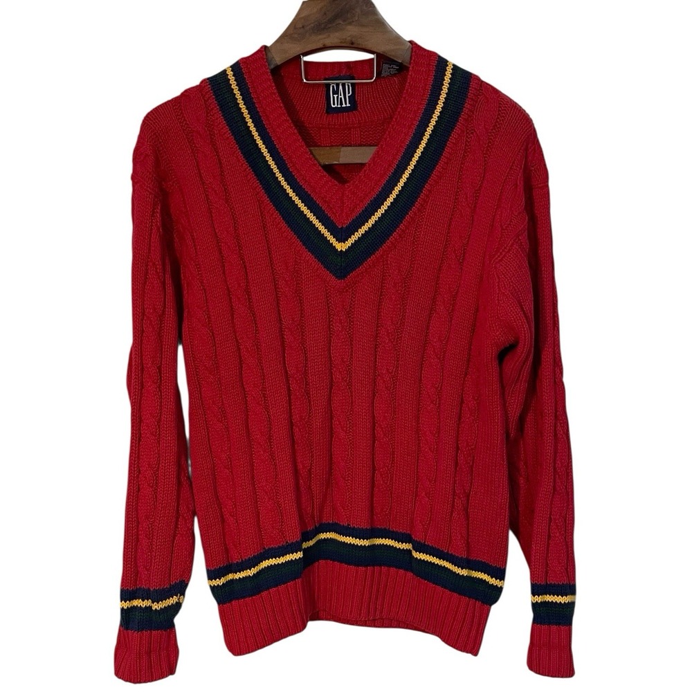 Vtg Gap Red Cableknit V Neck Varsity Sweater 90s Collegiate‎ Preppy Tennis Uni M